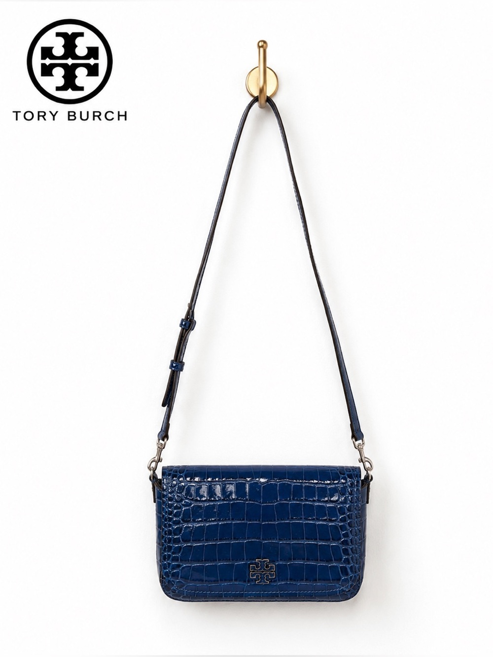 Tory Burch Thea Croc-Embossed Leather Flap Crossbody Bag Adjustable Straps